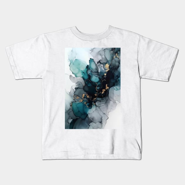 Teal Tidal Wave - Abstract Alcohol Ink Art Kids T-Shirt by inkvestor